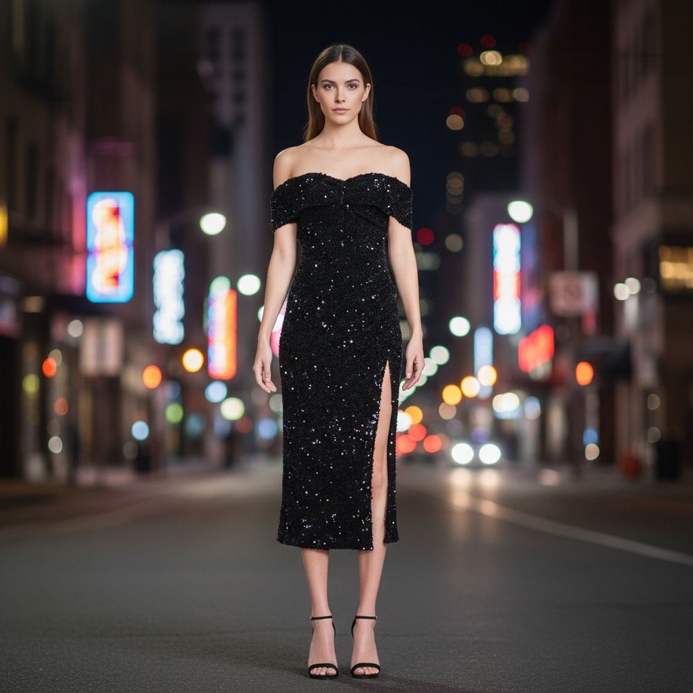 NWT Likely Ronan Off the Shoulder Dress Black Sequin Black Tie Formal Wedding